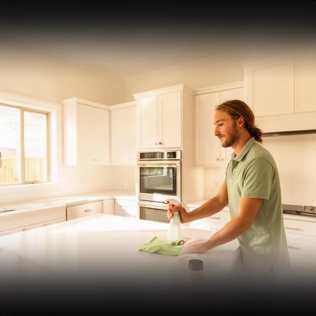 Cleaning professional wiping a bright empty kitchen before new tenants move into a Columbia home