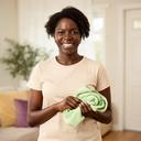Mirellaa Harvel, cleaning team lead, holding a microfiber cloth in a welcoming home