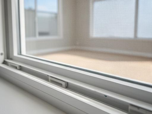 Close view of clean window tracks and dust-free screens in an empty residential room