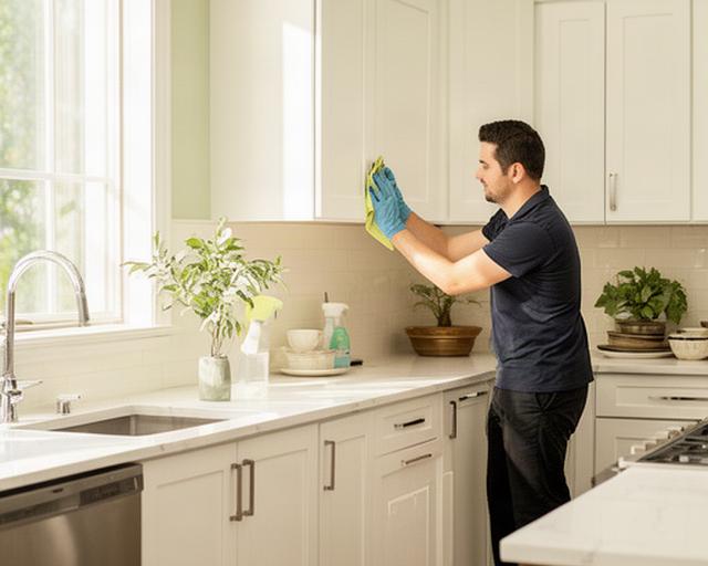 Cleaner wiping dust from a bright Columbia home kitchen beside freshly cleaned cabinets