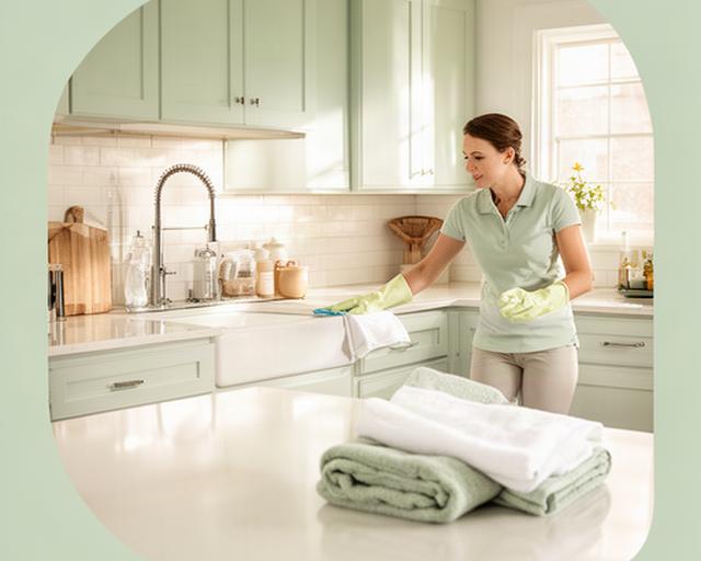Cleaner wiping a bright Columbia home kitchen while fresh towels rest on the counter