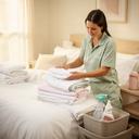 Cleaning professional arranging folded linens beside a tidy bedroom in a South Carolina home