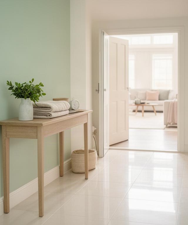 Bright Columbia home entryway with a neatly arranged console, clean tile floor, and natural morning light