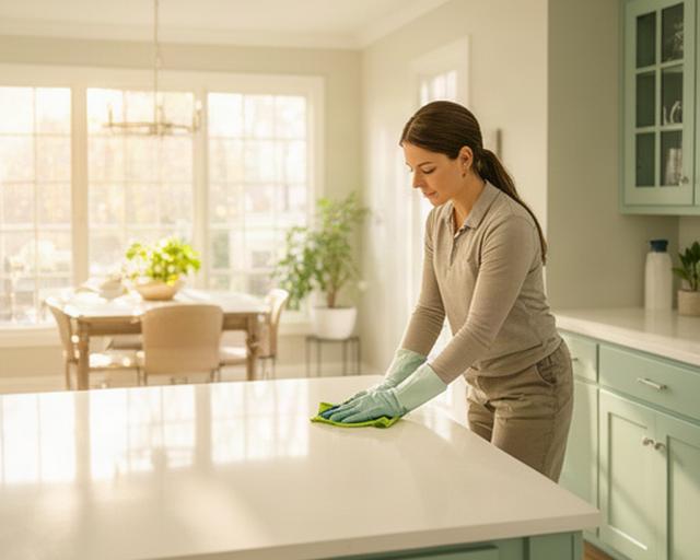 Cleaning professional wiping a bright Columbia home kitchen beside a sunlit dining area