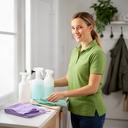 Renet Niebrugge, cleaning professional, preparing safe supplies beside a home entryway